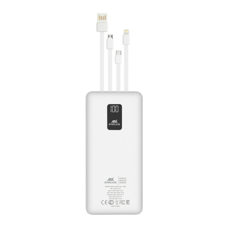RIVACASE VA2220 (20000 мАч) внешний аккумулятор с дисплеем и встроенными кабелями, белый, 12/24
