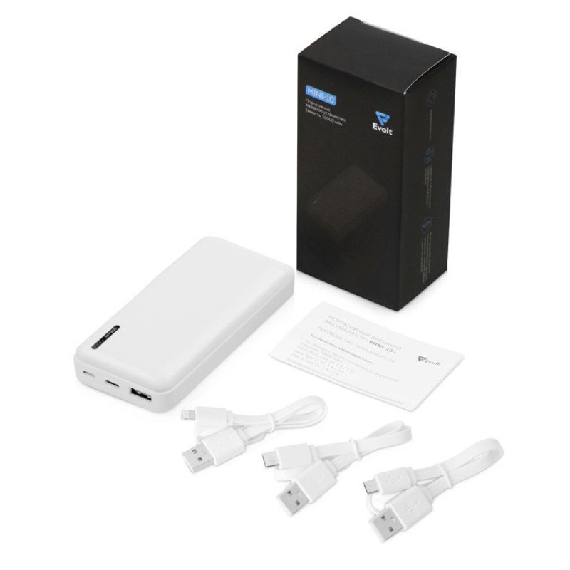 Внешний аккумулятор Evolt "Mini-10", 10000 mAh, белый Внешний аккумулятор Evolt "Mini-10", 10000 mAh, белый