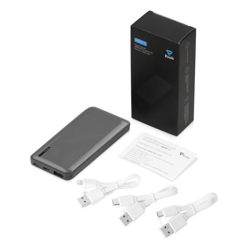 Внешний аккумулятор Evolt "Mini-5", 5000 mAh, серый Внешний аккумулятор Evolt "Mini-5", 5000 mAh, серый