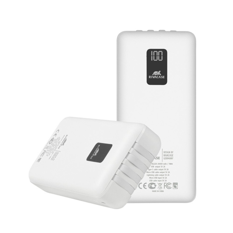 RIVACASE VA2220 (20000 мАч) внешний аккумулятор с дисплеем и встроенными кабелями, белый, 12/24