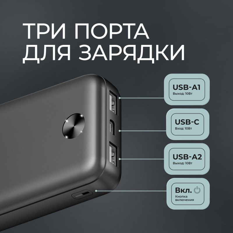 Внешний АКБ NRG Power V2 10000 мА-ч, 2A, 2xUSB, черный, Deppa