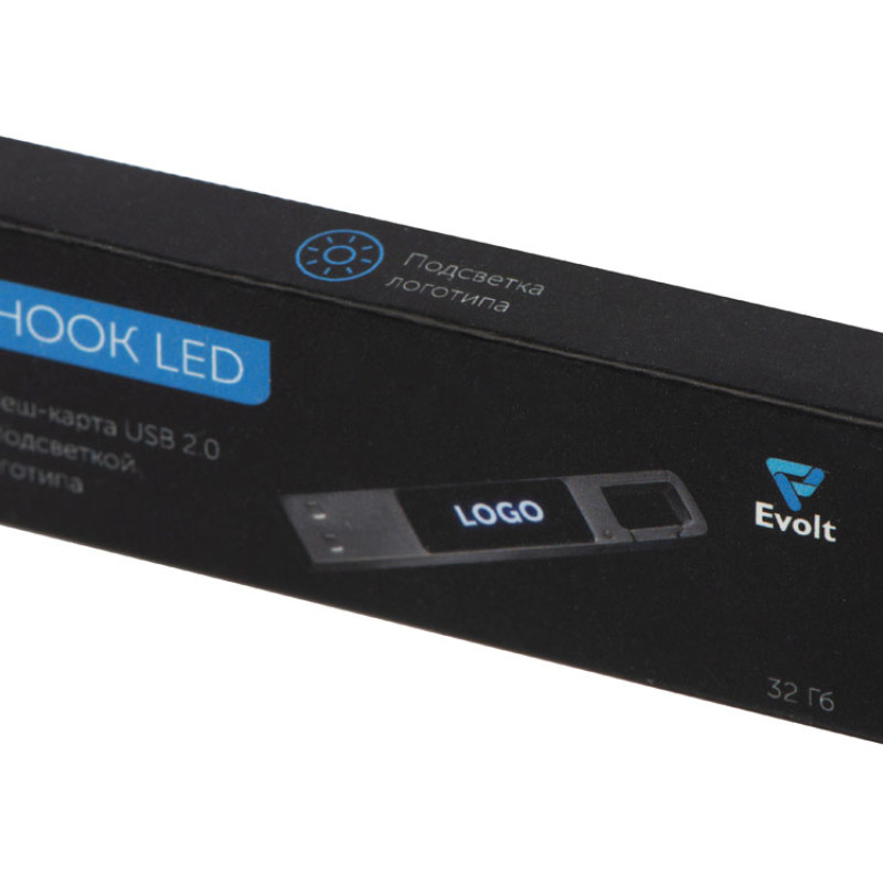 USB 2.0- флешка на 32 Гб c подсветкой логотипа «Hook LED», темно-серый, синяя подсветка