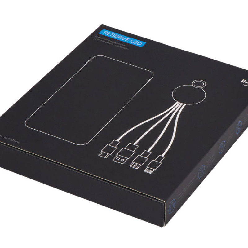 Набор из внешнего акуумулятора и универсального кабеля с подсветкой лого «Reserve LED», 10000mAh, черный