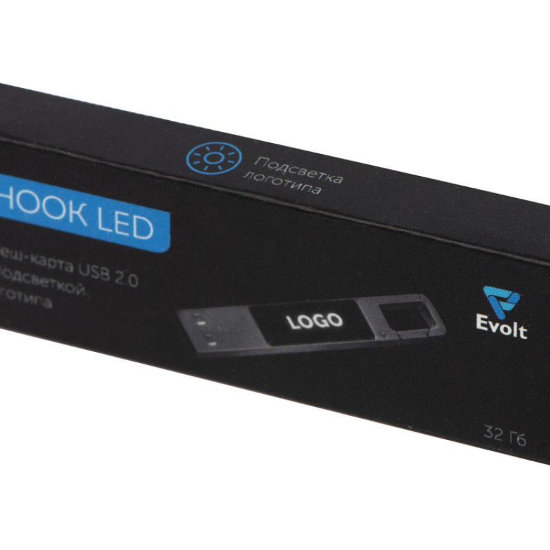 USB 2.0- флешка на 32 Гб c подсветкой логотипа «Hook LED», темно-серый, белая подсветка