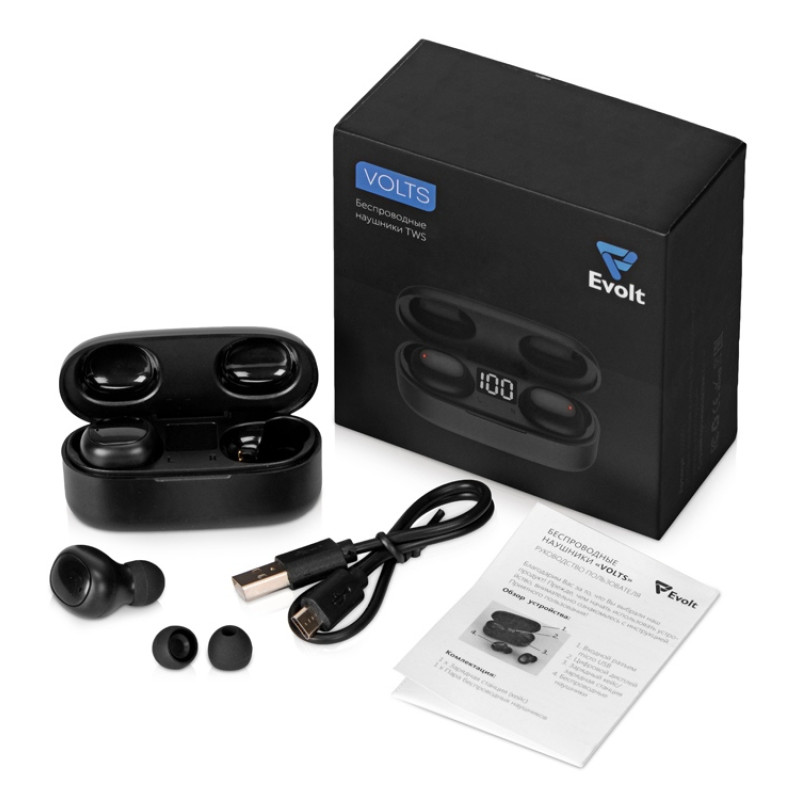 Беспроводные наушники TWS в кейсе Volts. Evolt, черный, пластик