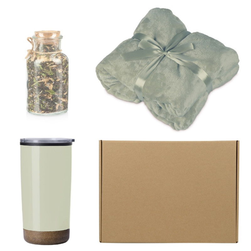 Подарочный набор с пледом, термокружкой и чаем, оливковый