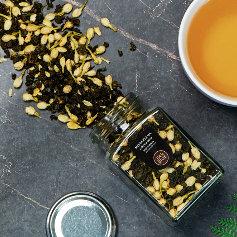 Чай зеленый, серия "Bouquet", моли хуа с бутонами жасмина, стеклянная банка