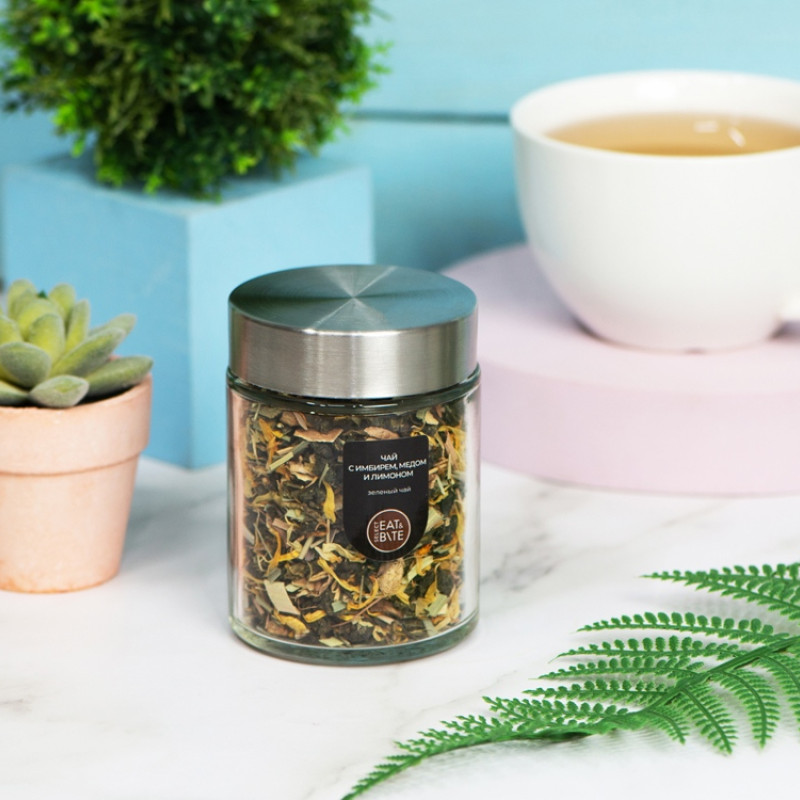 Чай зеленый, серия "Essence", с медом, имбирем и лимоном, стеклянная банка