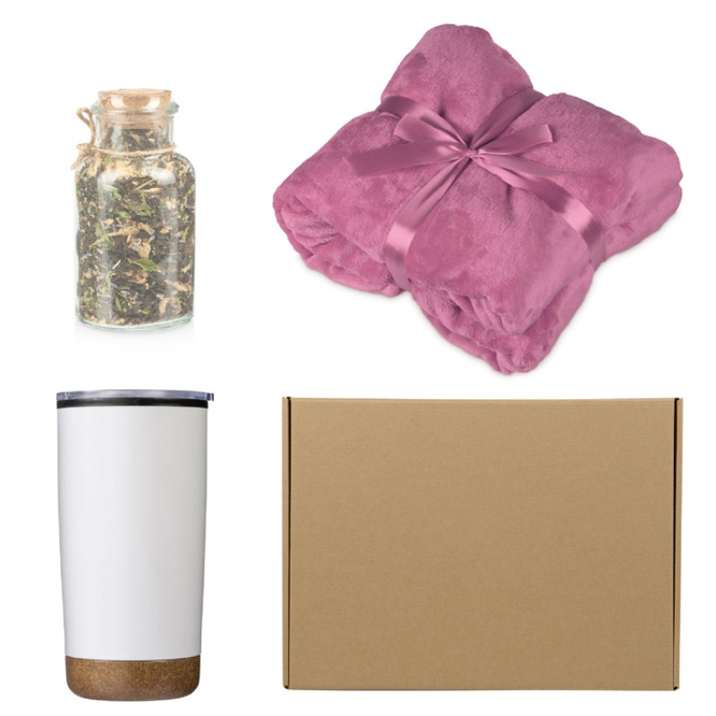Подарочный набор с пледом, термокружкой и чаем, розовый