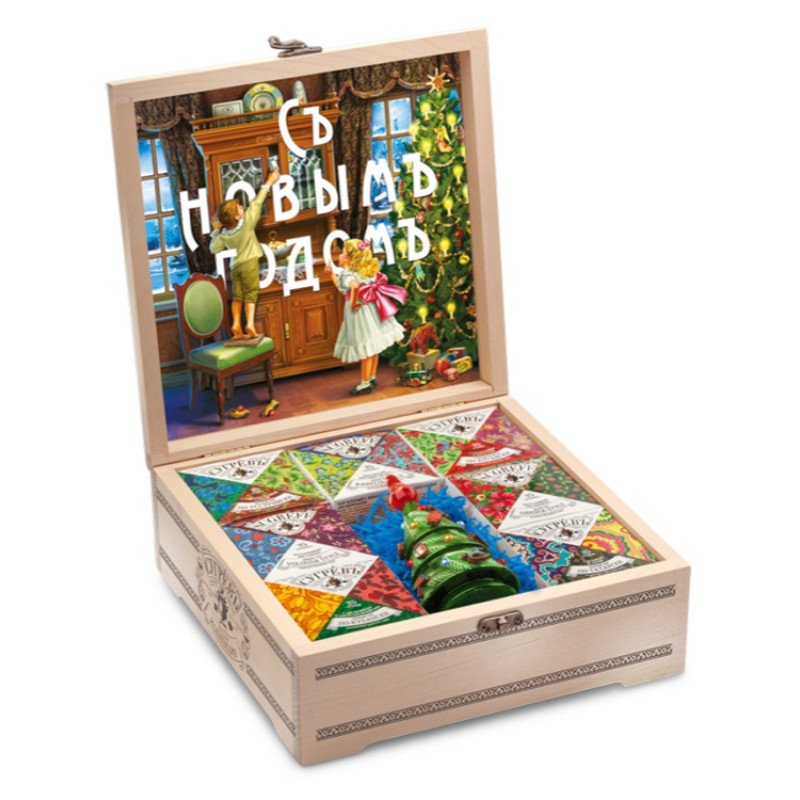 Подарочный набор "Народы России" с чаем и вареньем в деревянной шкатулке без лого