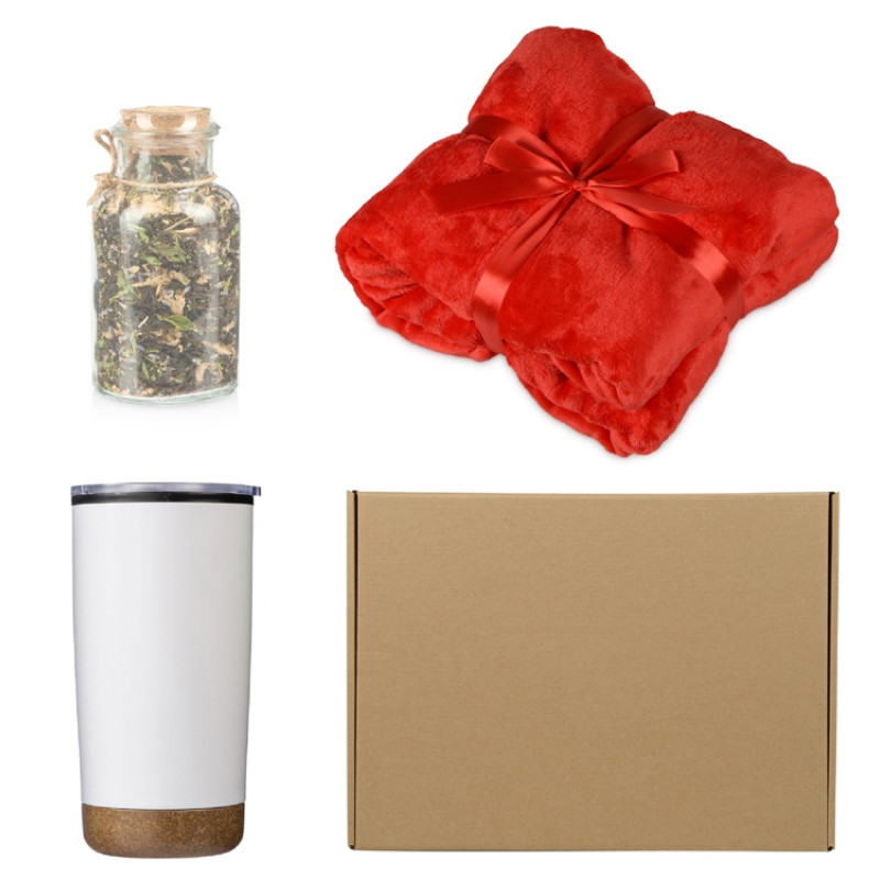 Подарочный набор с пледом, термокружкой и чаем, красный