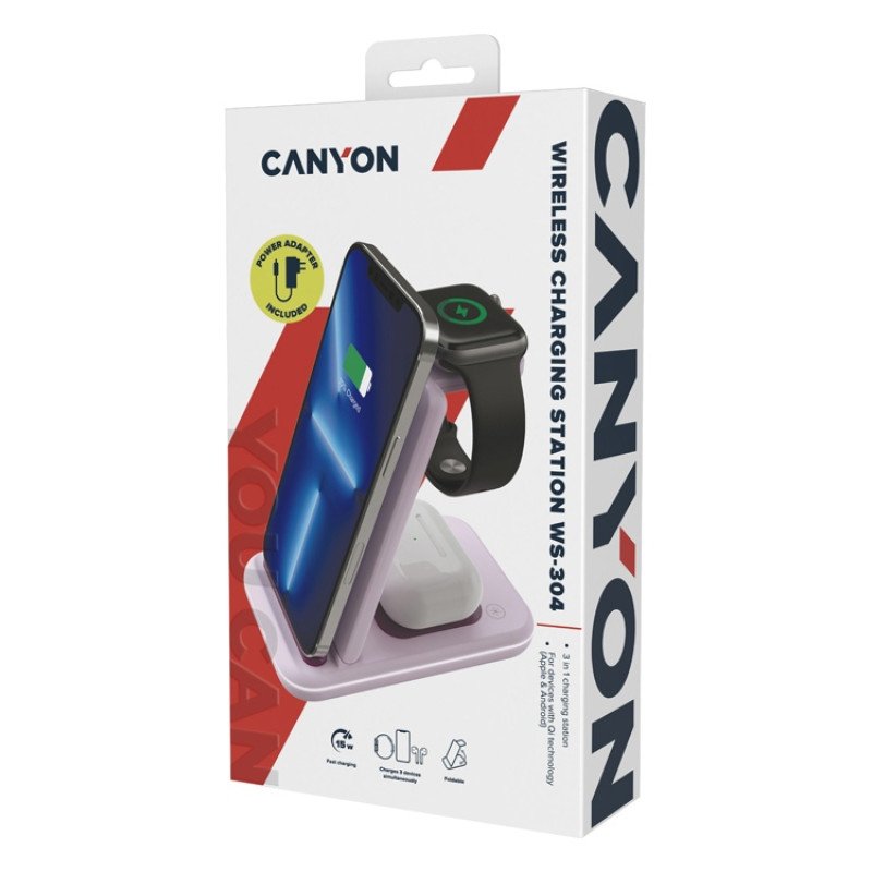 Беспроводное зарядное устройство 3-в-1 CANYON WS-304 (CNS-WCS304B), 15W, розовый