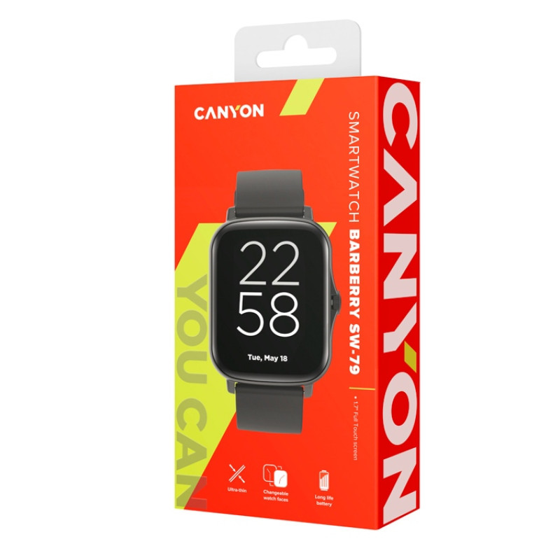 Умные часы CANYON Barberry SW-79, IP 67, BT 5.1, сенсорный дисплей 1.7, черный (Р)