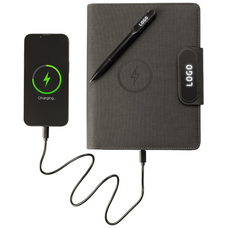 Подарочный набор металлическая ручка и блокнот А5 "Twilight"  со светящимся логотипом и пауэрбэнком