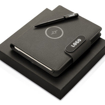 Подарочный набор металлическая ручка и блокнот А5 "Twilight"  со светящимся логотипом и пауэрбэнком