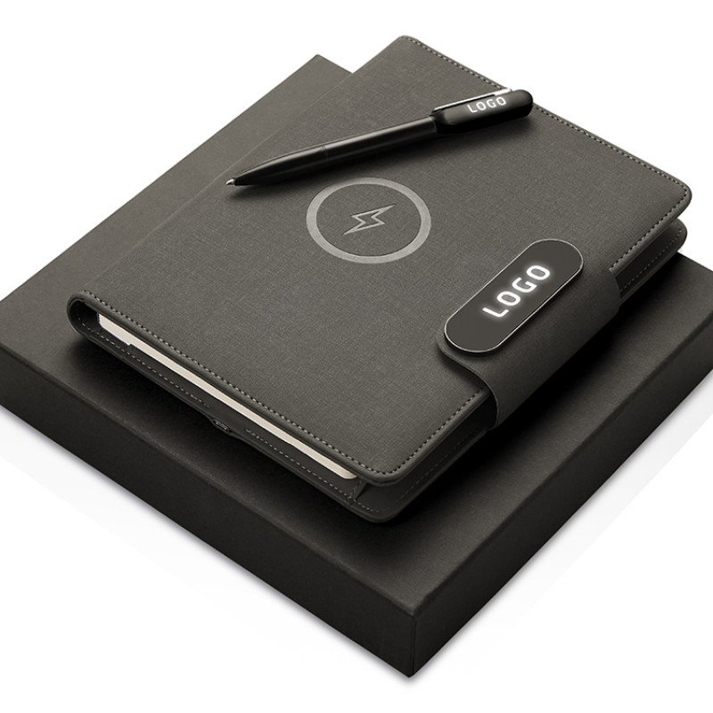 Подарочный набор металлическая ручка и блокнот А5 "Twilight"  со светящимся логотипом и пауэрбэнком