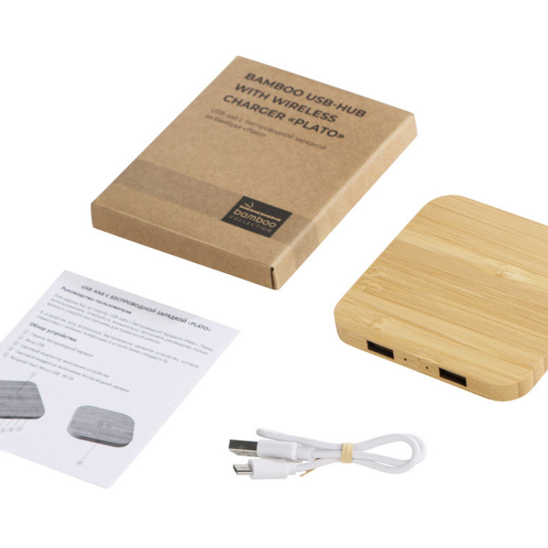USB-хаб с беспроводной зарядкой из бамбука Plato