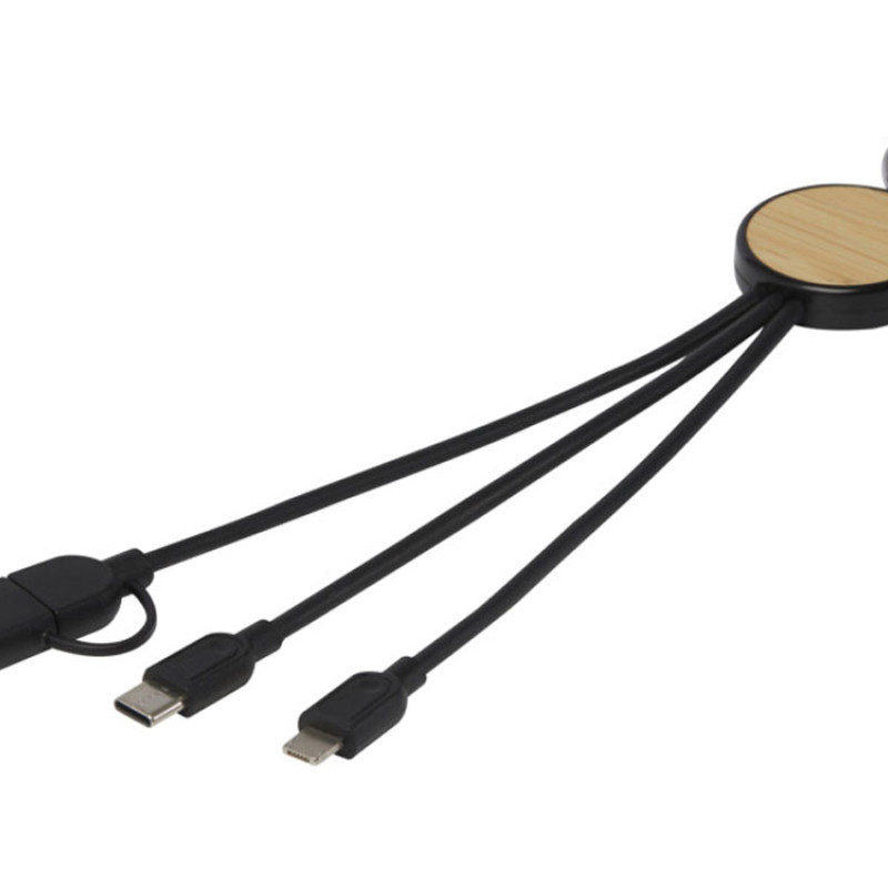 Кабель для зарядки Tecta «6 в 1» из переработанного пластика/бамбука с брелком, сплошной черный