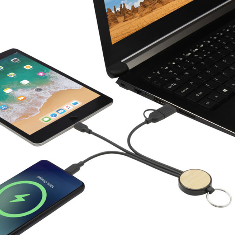 Кабель для зарядки Tecta «6 в 1» из переработанного пластика/бамбука с брелком, сплошной черный