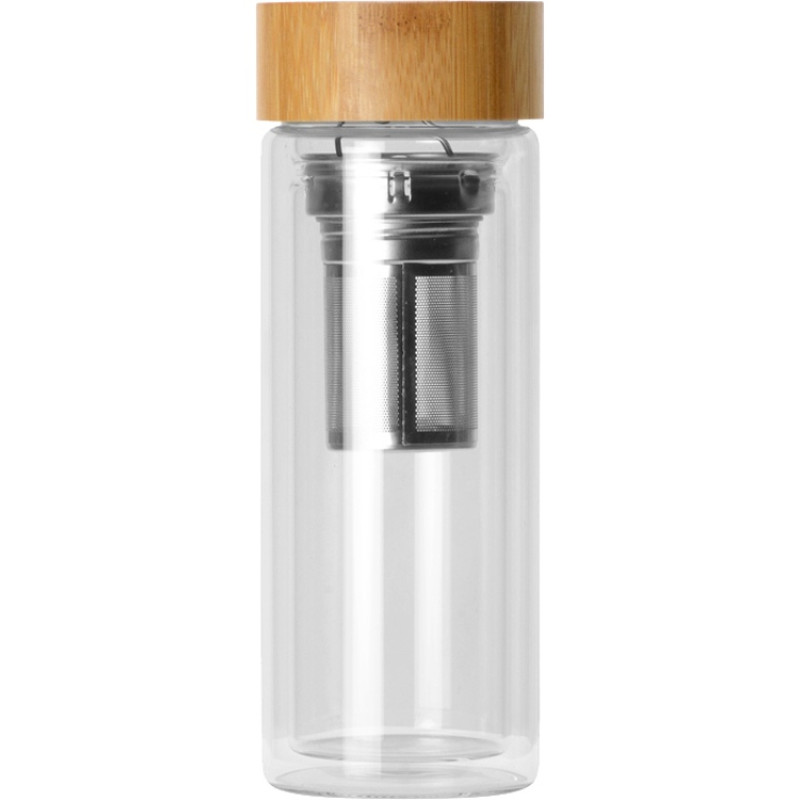 Стеклянный термос из стекла с двойными стенками и ситечком 320 мл "Badachu" в чехле, прозрачный