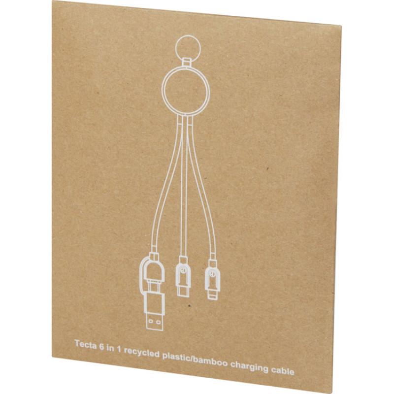 Кабель для зарядки Tecta «6 в 1» из переработанного пластика/бамбука с брелком, сплошной черный