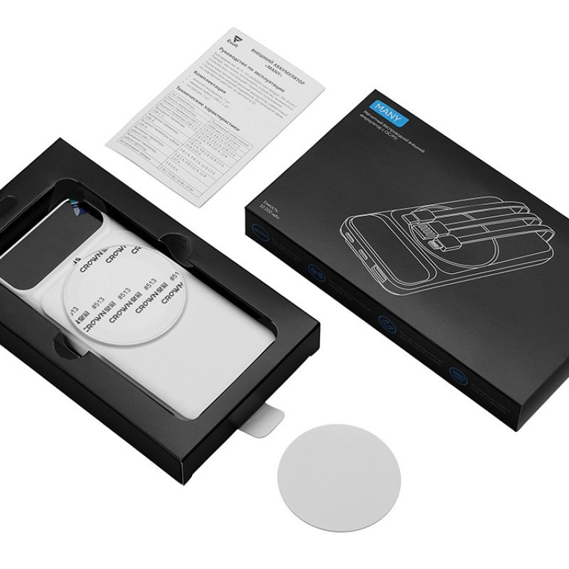 Магнитный беспроводной внешний аккумулятор со встроенными кабелями «Мэни»,быстаря зарядка, 10000 мАч, белый