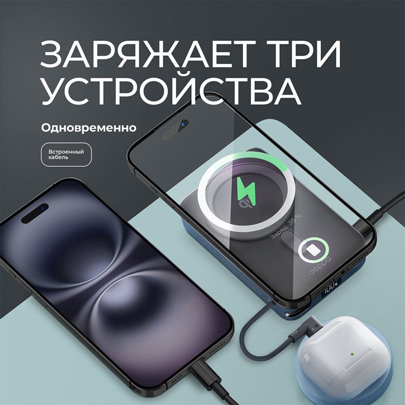 Внешний АКБ NRG MageSafe QI2 10000 мА-ч, 15Вт QI, серый, Deppa Внешний АКБ NRG MageSafe QI2 10000 мА-ч, 15Вт QI, серый, Deppa