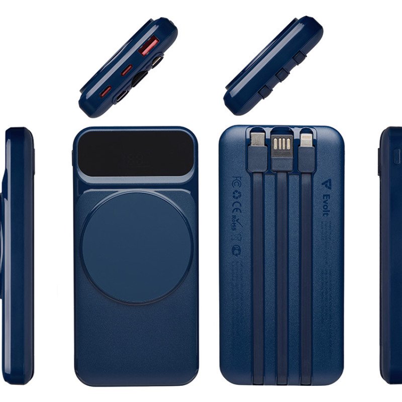 Магнитный беспроводной внешний аккумулятор со встроенными кабелями «Мэни»,быстаря зарядка, 10000 мАч, тёмно-синий