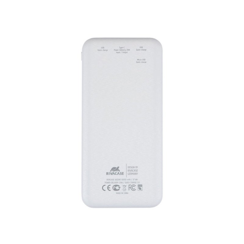 RIVACASE VA2540 (10 000mAh), QC/PD 20W внешний аккумулятор с дисплеем, белый 12/48