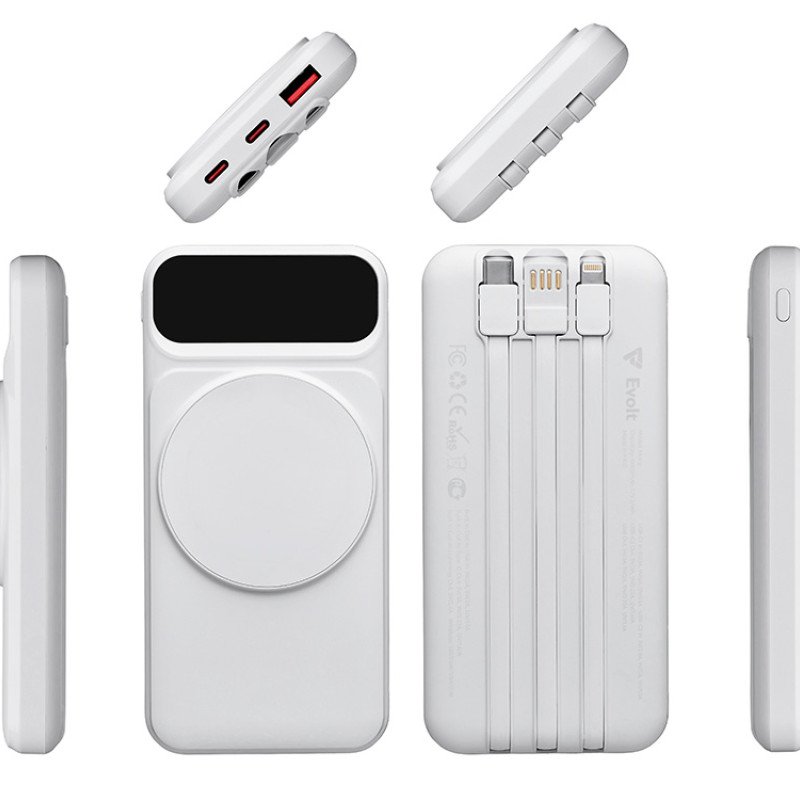 Магнитный беспроводной внешний аккумулятор со встроенными кабелями «Мэни»,быстаря зарядка, 10000 мАч, белый