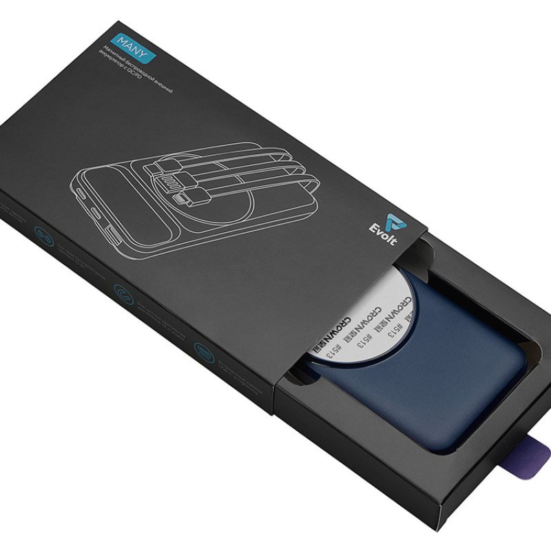 Магнитный беспроводной внешний аккумулятор со встроенными кабелями «Мэни»,быстаря зарядка, 10000 мАч, тёмно-синий