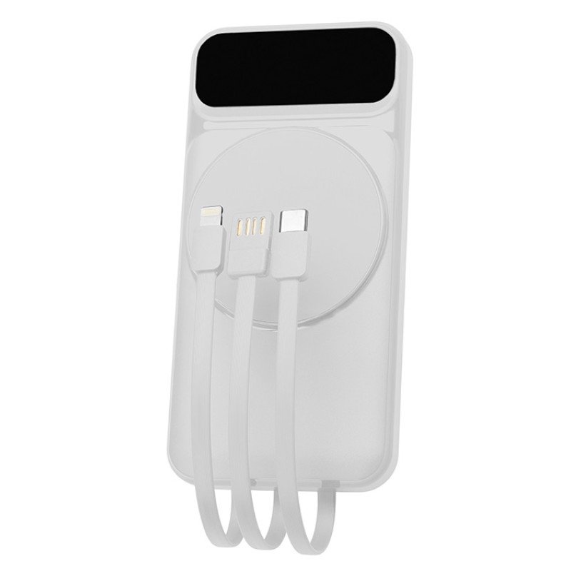 Магнитный беспроводной внешний аккумулятор со встроенными кабелями «Мэни»,быстаря зарядка, 10000 мАч, белый