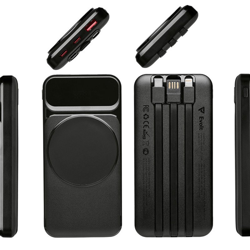 Магнитный беспроводной внешний аккумулятор со встроенными кабелями «Мэни»,быстаря зарядка, 10000 мАч, черный