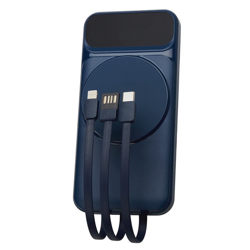 Магнитный беспроводной внешний аккумулятор со встроенными кабелями «Мэни»,быстаря зарядка, 10000 мАч, тёмно-синий