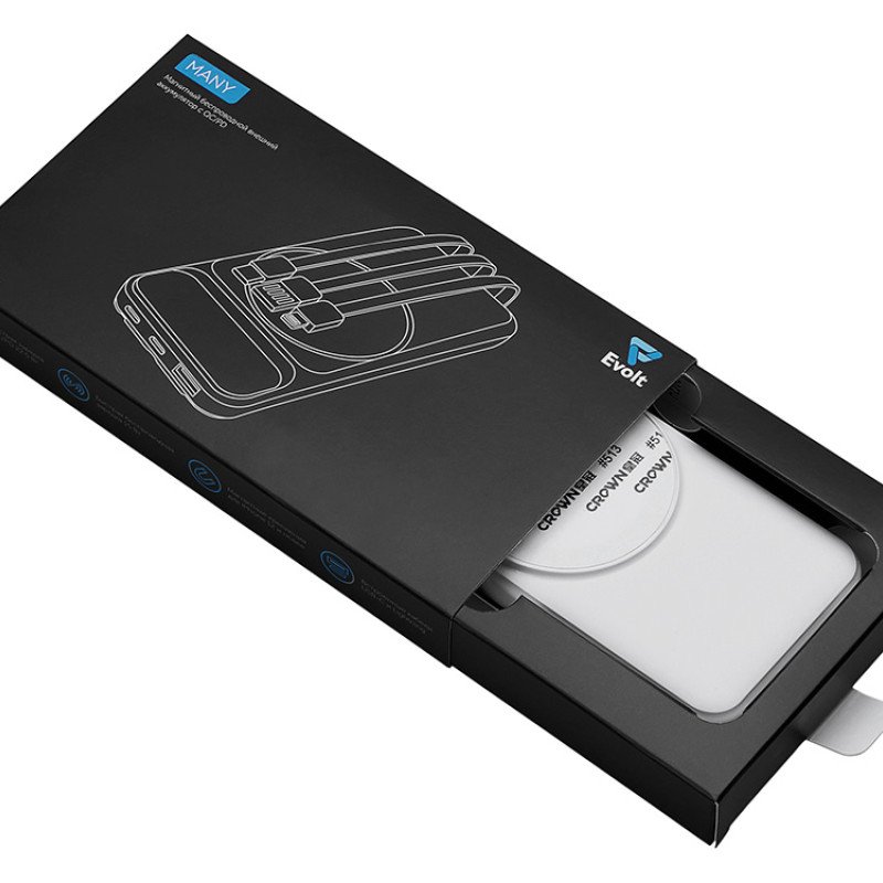 Магнитный беспроводной внешний аккумулятор со встроенными кабелями «Мэни»,быстаря зарядка, 10000 мАч, белый