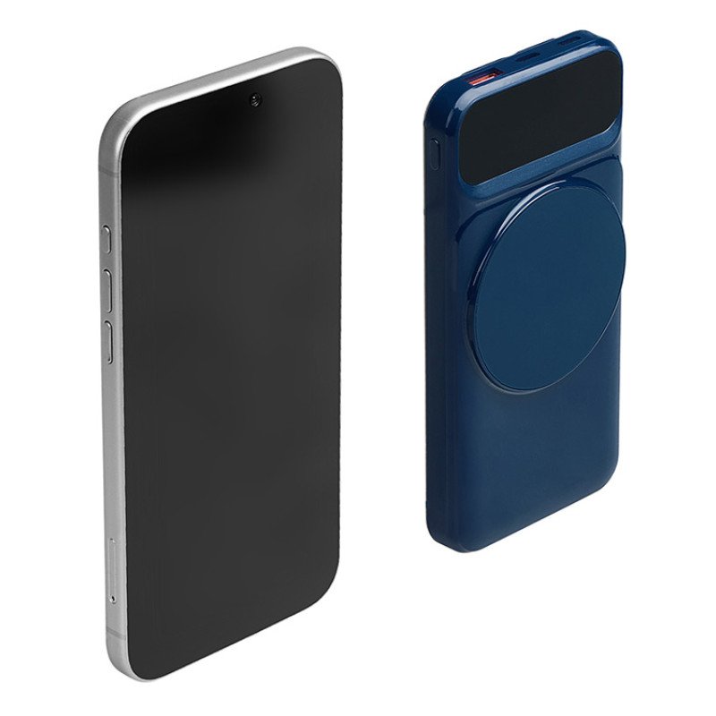 Магнитный беспроводной внешний аккумулятор со встроенными кабелями «Мэни»,быстаря зарядка, 10000 мАч, тёмно-синий