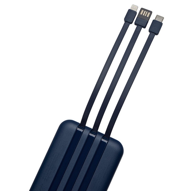 Магнитный беспроводной внешний аккумулятор со встроенными кабелями «Мэни»,быстаря зарядка, 10000 мАч, тёмно-синий