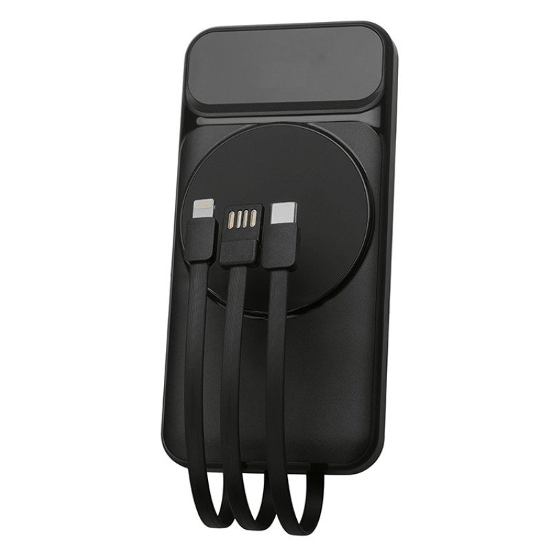 Магнитный беспроводной внешний аккумулятор со встроенными кабелями «Мэни»,быстаря зарядка, 10000 мАч, черный