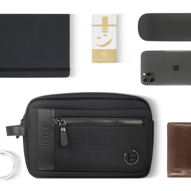 Несессер мужской BUGATTI НЕРО | NERO, чёрный, нейлон 1680D/кожа, 24х7,5х16 см