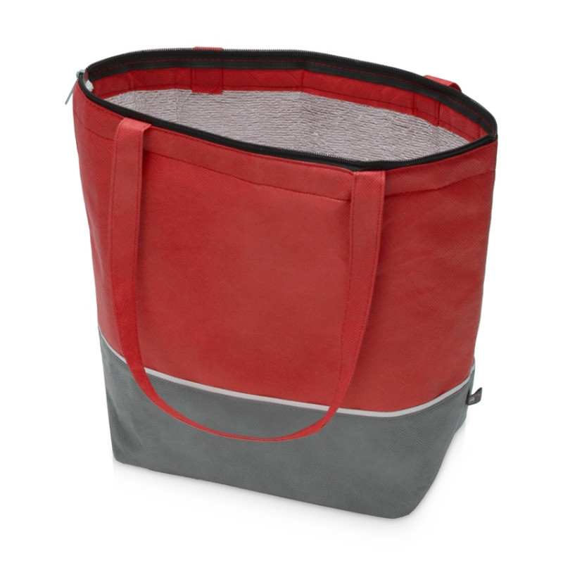 Сумка-холодильник Reviver с длинными ручками из нетканого переработанного материала RPET, красный/серый