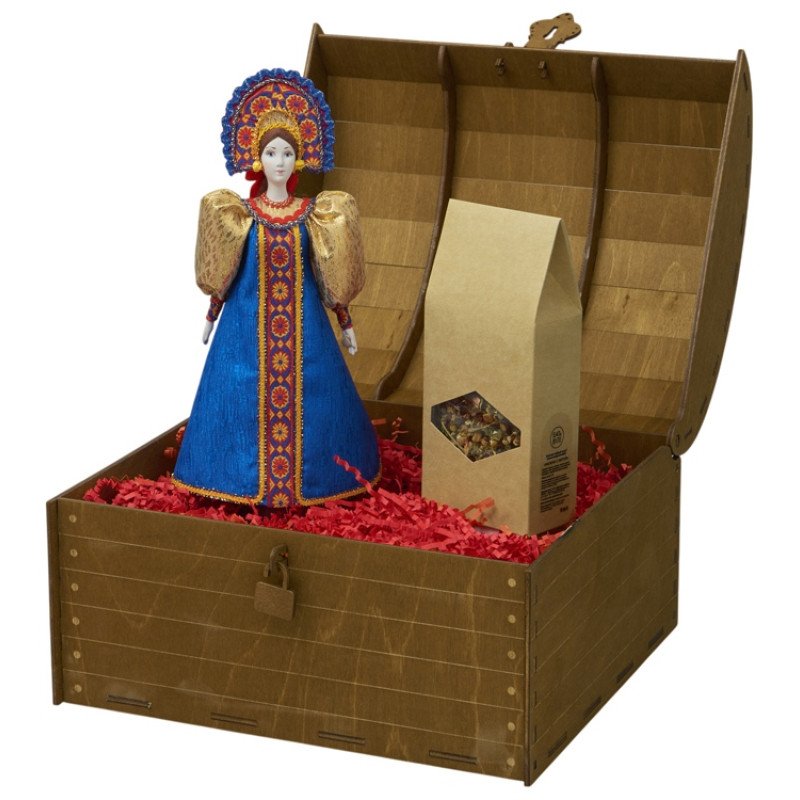 Подарочный набор: кукла фарфоровая, чай "Малина с мятой", синий