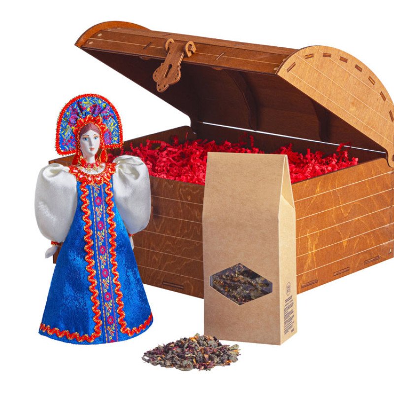 Подарочный набор: кукла фарфоровая, чай "Малина с мятой", синий