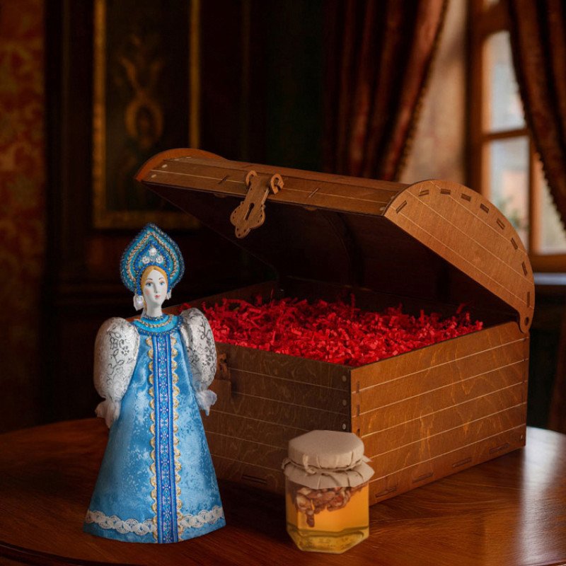 Подарочный набор: кукла фарфоровая, мед, голубой