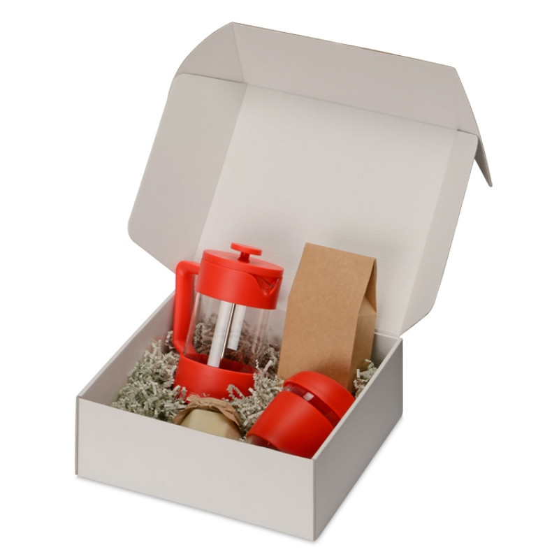 Подарочный набор с кофе, кружкой и френч-прессом "Бодрое утро", красный