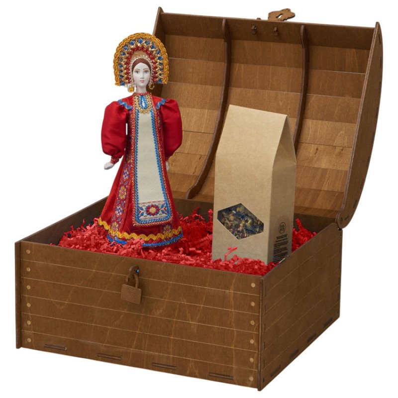 Подарочный набор: кукла фарфоровая, чай "Малина с мятой", красный