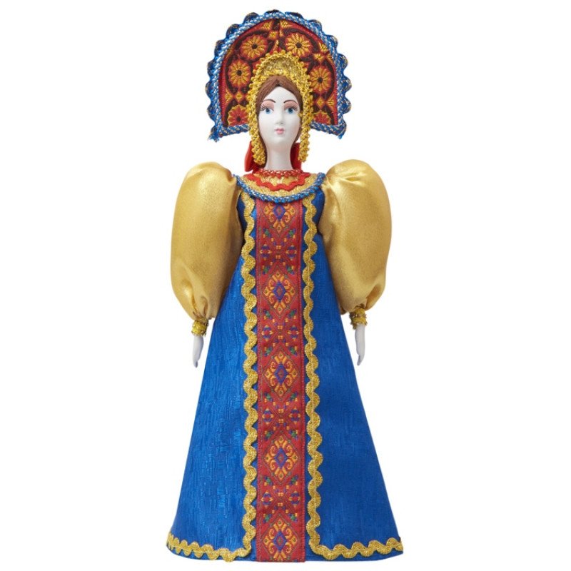 Подарочный набор: кукла фарфоровая, чай "Малина с мятой", синий