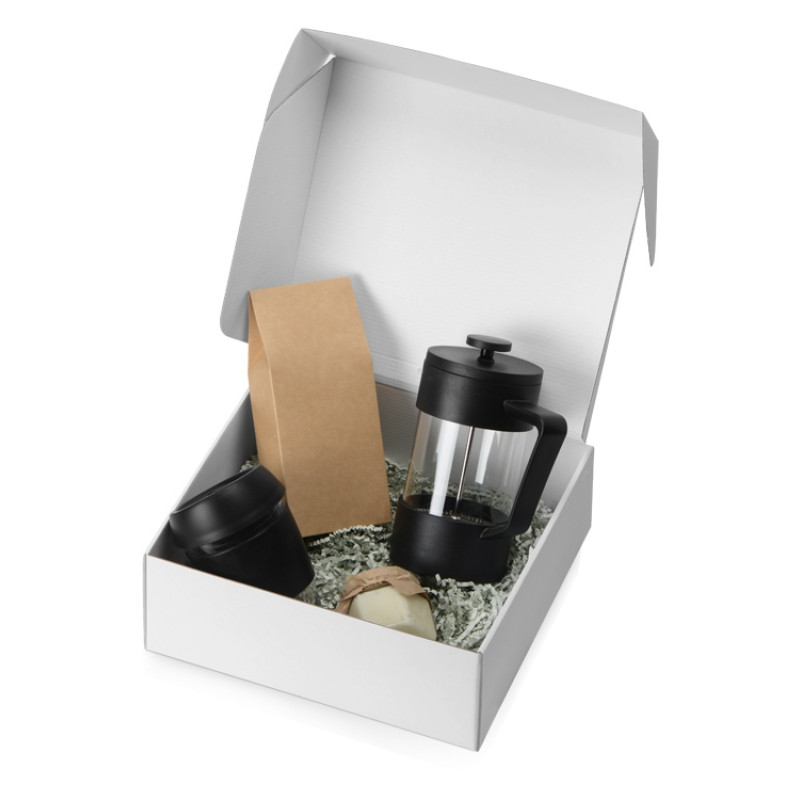 Подарочный набор с кофе, кружкой и френч-прессом "Бодрое утро", черный Подарочный набор с кофе, кружкой и френч-прессом "Бодрое утро", черный