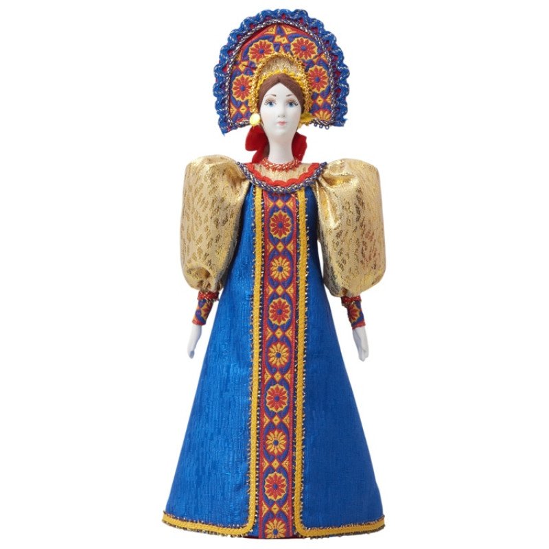 Подарочный набор: кукла фарфоровая, чай "Малина с мятой", синий