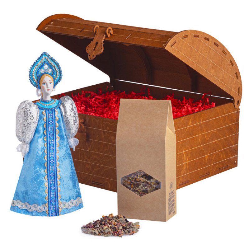 Подарочный набор: кукла фарфоровая, чай "Малина с мятой", голубой