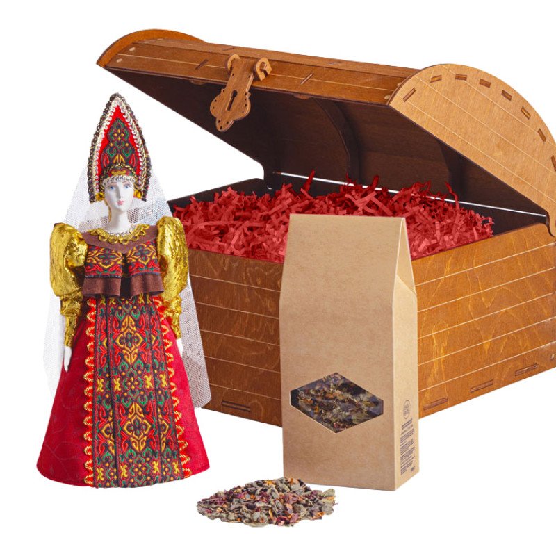 Подарочный набор: кукла фарфоровая, чай "Малина с мятой", красный